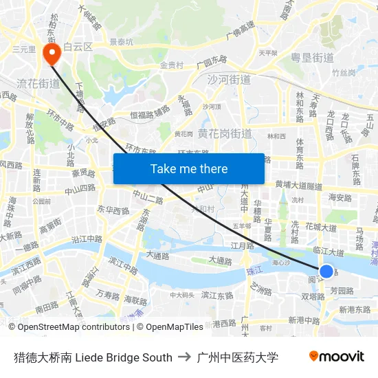猎德大桥南 Liede Bridge South to 广州中医药大学 map