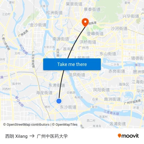 西朗 Xilang to 广州中医药大学 map