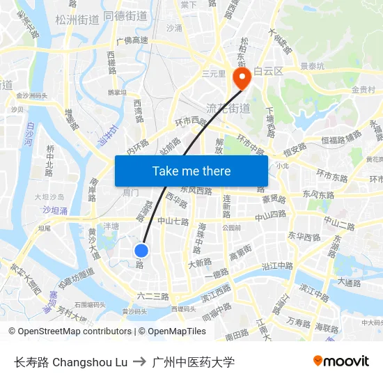 长寿路 Changshou Lu to 广州中医药大学 map