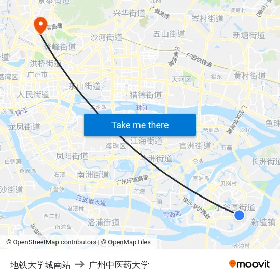 地铁大学城南站 to 广州中医药大学 map