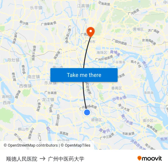 顺德人民医院 to 广州中医药大学 map