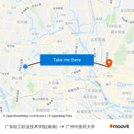 广东轻工职业技术学院(南海) to 广州中医药大学 map