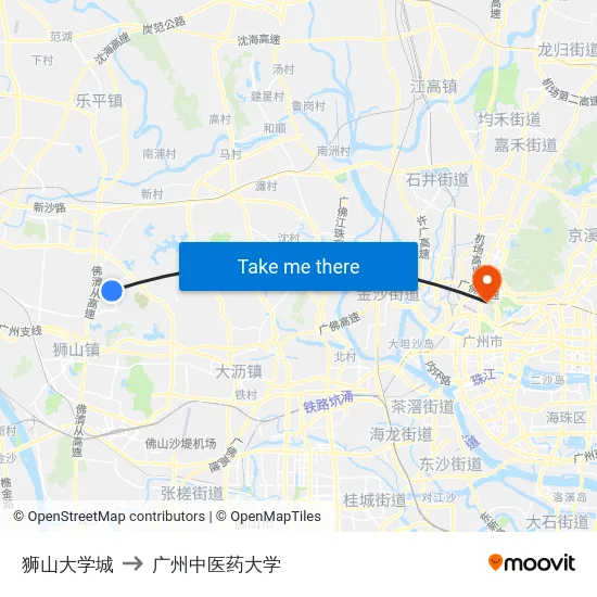 狮山大学城 to 广州中医药大学 map