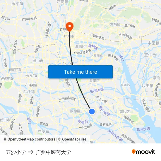 五沙小学 to 广州中医药大学 map
