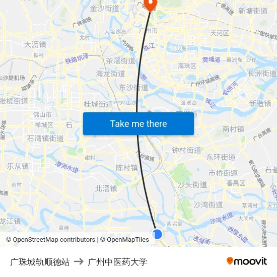 广珠城轨顺德站 to 广州中医药大学 map