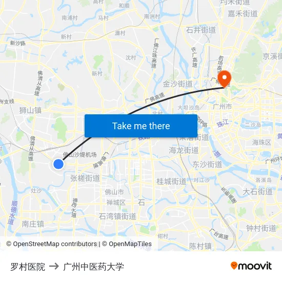 罗村医院 to 广州中医药大学 map