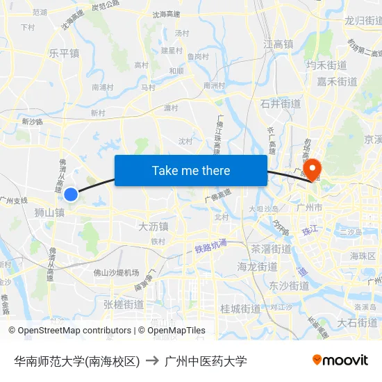 华南师范大学(南海校区) to 广州中医药大学 map