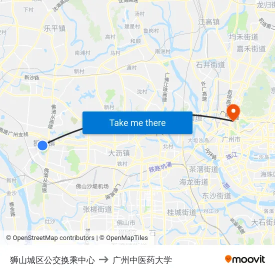 狮山城区公交换乘中心 to 广州中医药大学 map