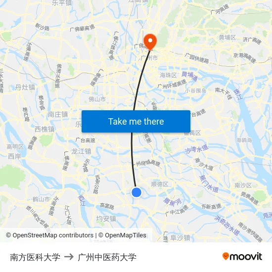 南方医科大学 to 广州中医药大学 map