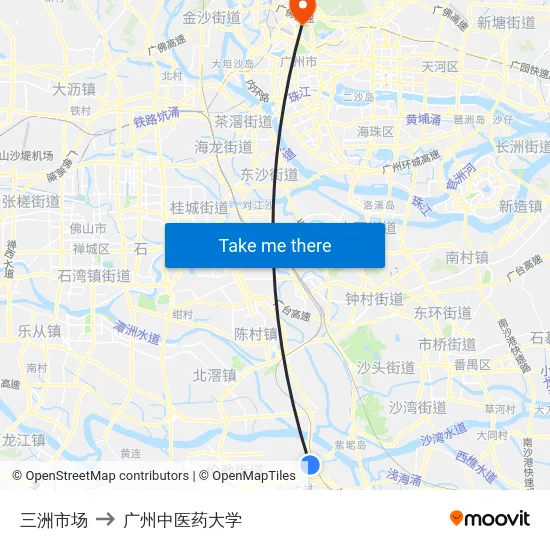 三洲市场 to 广州中医药大学 map