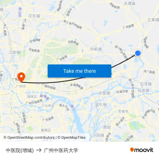 中医院(增城) to 广州中医药大学 map