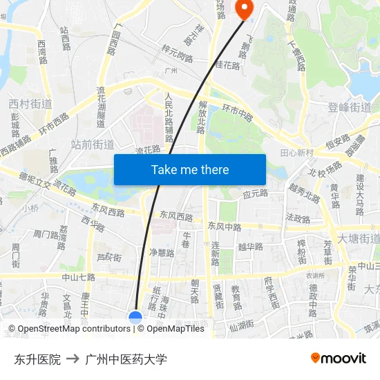 东升医院 to 广州中医药大学 map