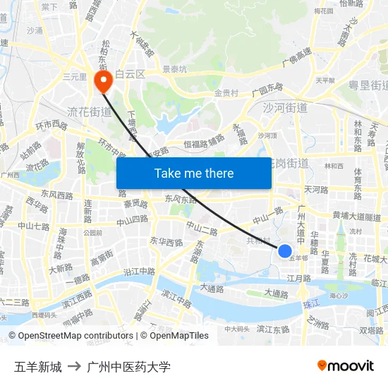 五羊新城 to 广州中医药大学 map