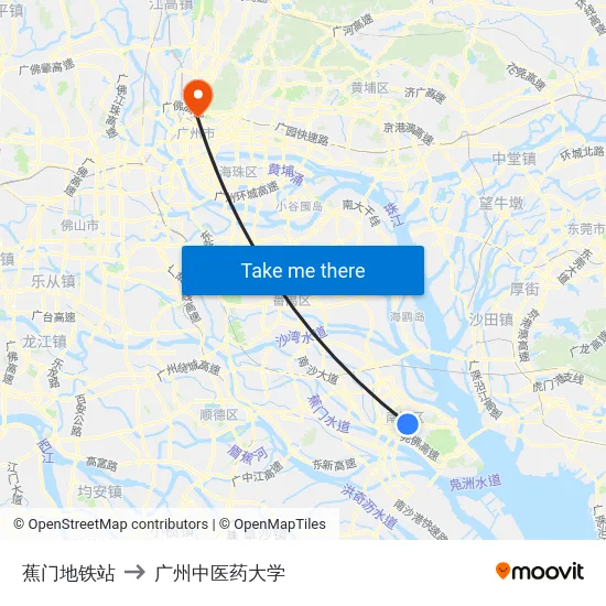 蕉门地铁站 to 广州中医药大学 map