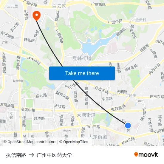执信南路 to 广州中医药大学 map