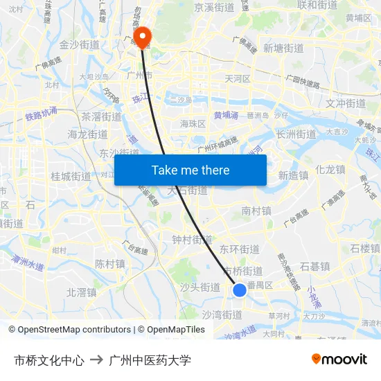 市桥文化中心 to 广州中医药大学 map