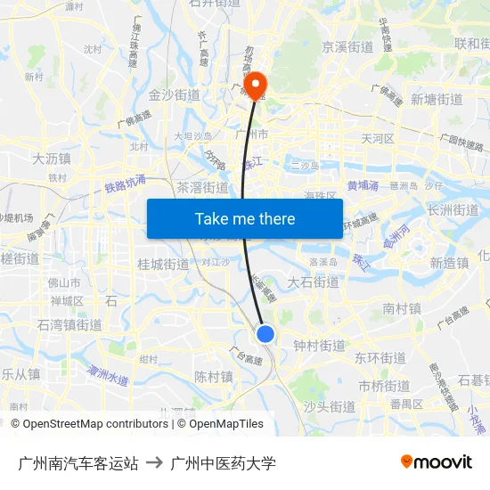 广州南汽车客运站 to 广州中医药大学 map