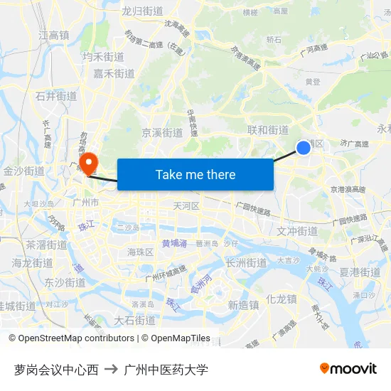 萝岗会议中心西 to 广州中医药大学 map