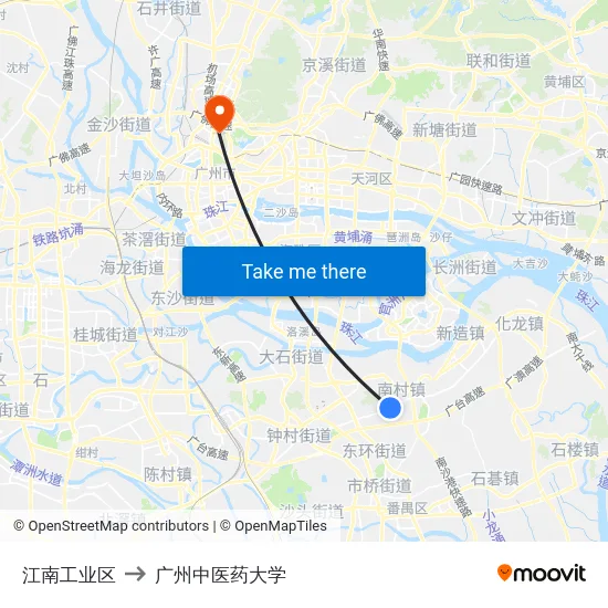 江南工业区 to 广州中医药大学 map