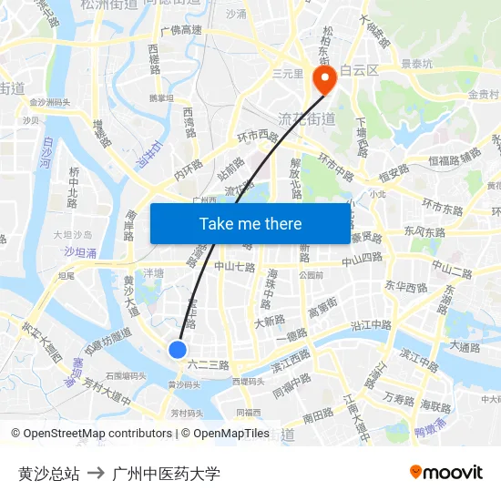 黄沙总站 to 广州中医药大学 map