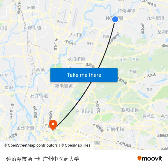 钟落潭市场 to 广州中医药大学 map