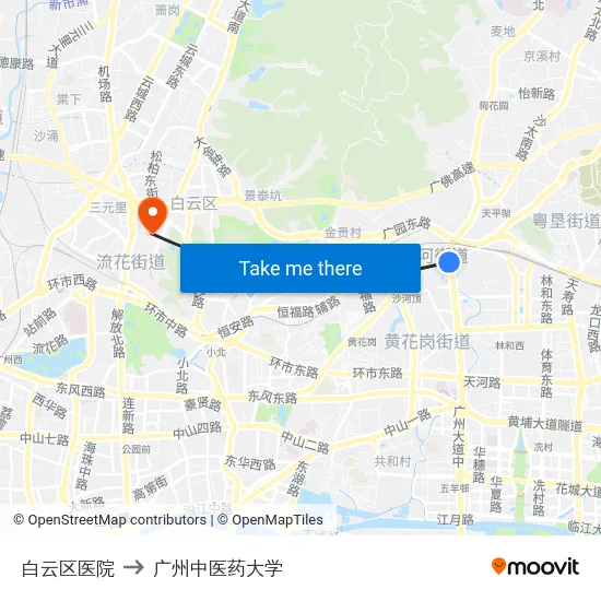 白云区医院 to 广州中医药大学 map