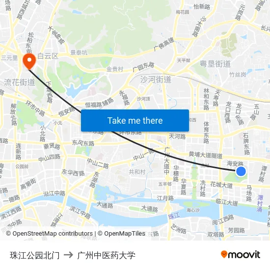 珠江公园北门 to 广州中医药大学 map