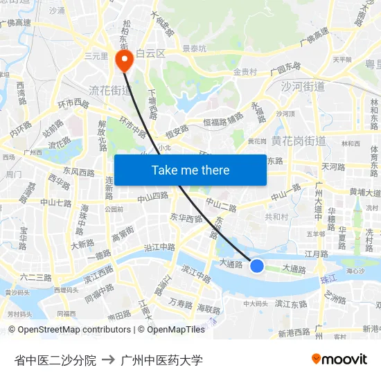省中医二沙分院 to 广州中医药大学 map