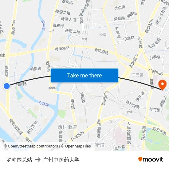 罗冲围总站 to 广州中医药大学 map