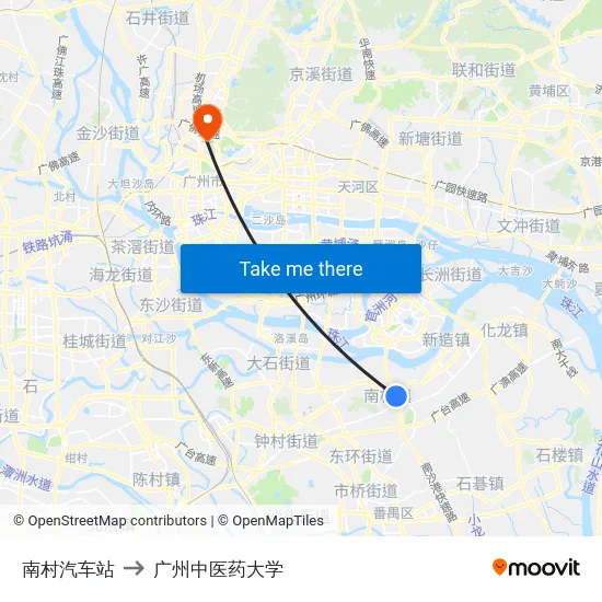 南村汽车站 to 广州中医药大学 map