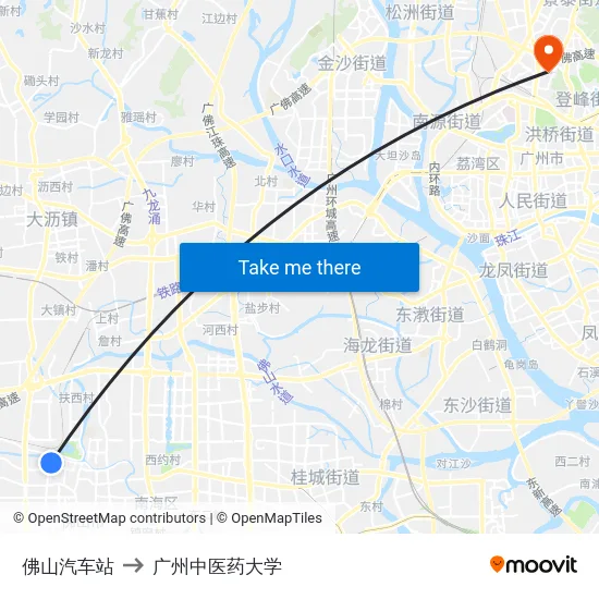 佛山汽车站 to 广州中医药大学 map