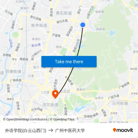 外语学院(白云山西门) to 广州中医药大学 map