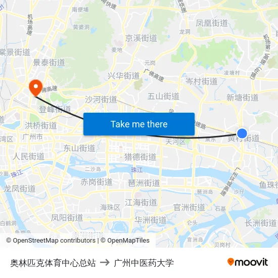 奥林匹克体育中心总站 to 广州中医药大学 map