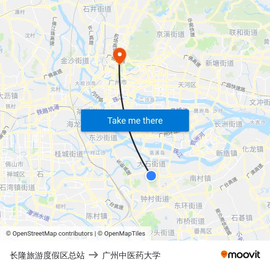 长隆旅游度假区总站 to 广州中医药大学 map