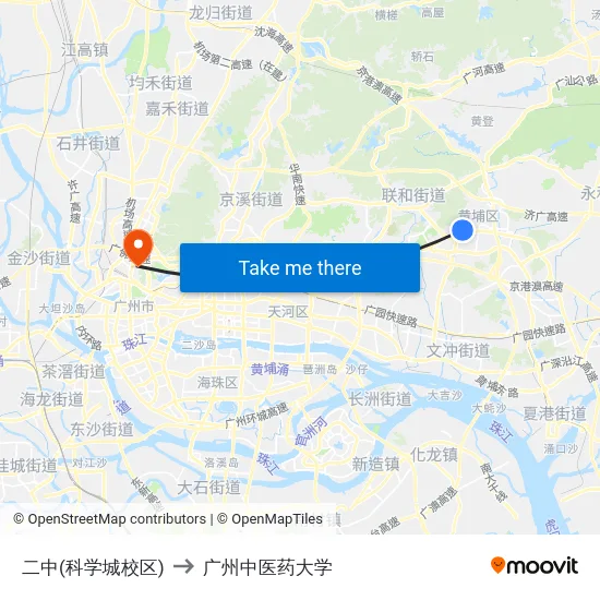 二中(科学城校区) to 广州中医药大学 map