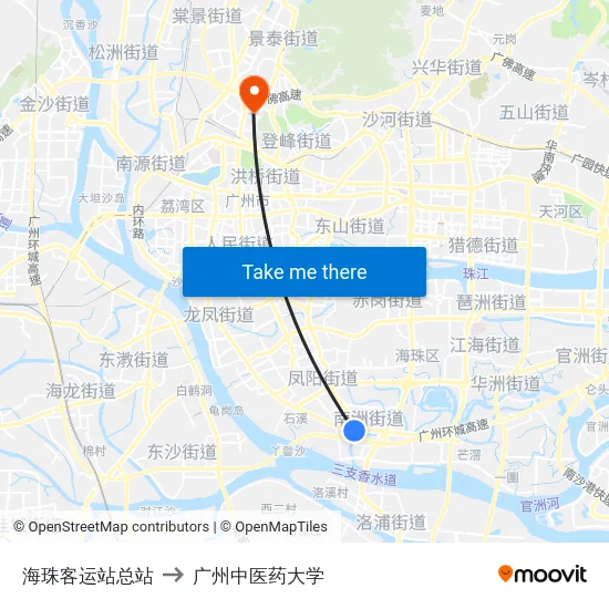 海珠客运站总站 to 广州中医药大学 map