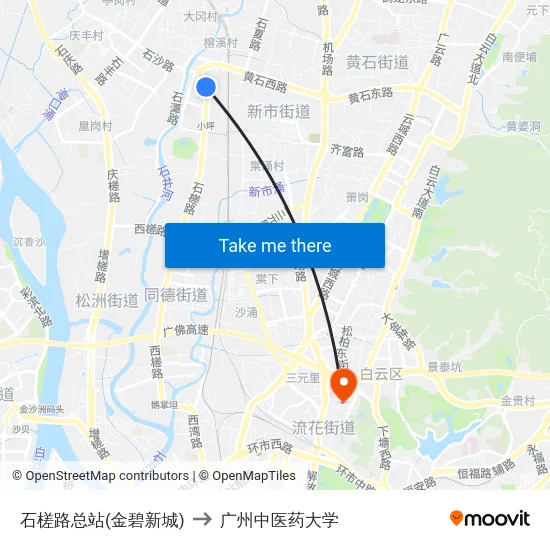 石槎路总站(金碧新城) to 广州中医药大学 map