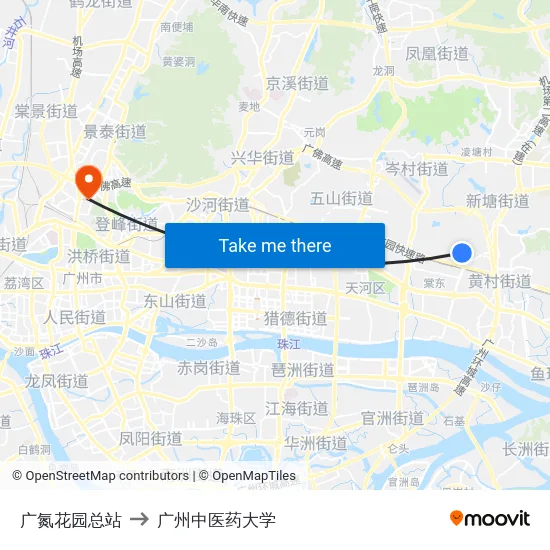 广氮花园总站 to 广州中医药大学 map
