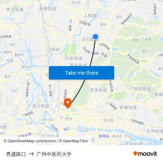 秀盛路口 to 广州中医药大学 map
