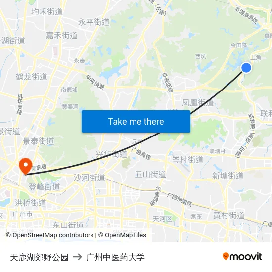 天鹿湖郊野公园 to 广州中医药大学 map