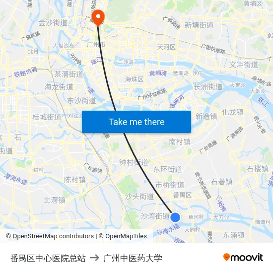 番禺区中心医院总站 to 广州中医药大学 map