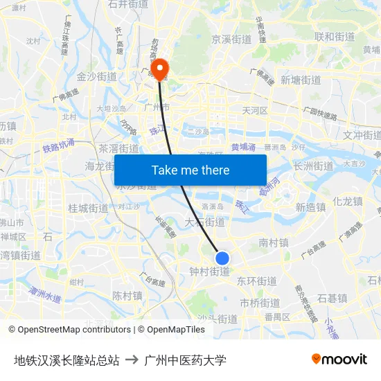 地铁汉溪长隆站总站 to 广州中医药大学 map