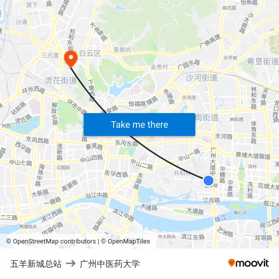 五羊新城总站 to 广州中医药大学 map