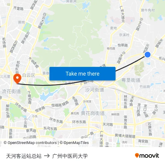 天河客运站总站 to 广州中医药大学 map