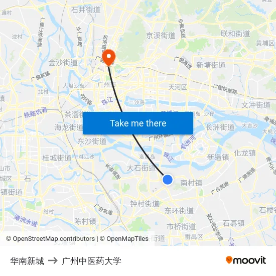 华南新城 to 广州中医药大学 map