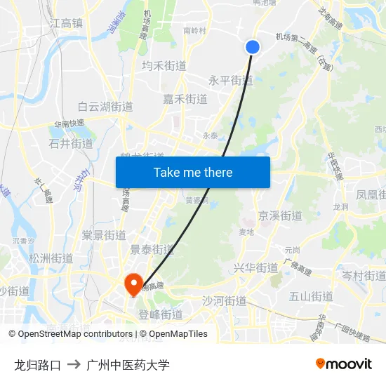 龙归路口 to 广州中医药大学 map