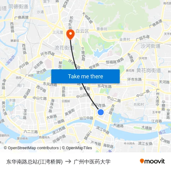 东华南路总站(江湾桥脚) to 广州中医药大学 map