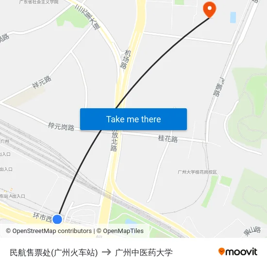 民航售票处(广州火车站) to 广州中医药大学 map