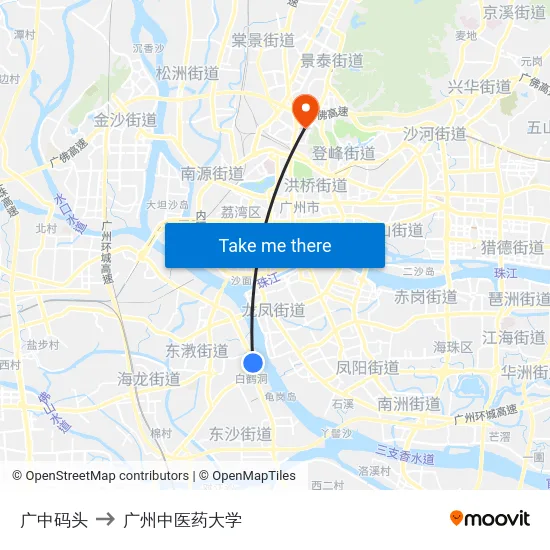 广中码头 to 广州中医药大学 map