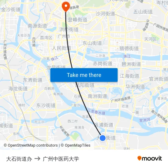 大石街道办 to 广州中医药大学 map